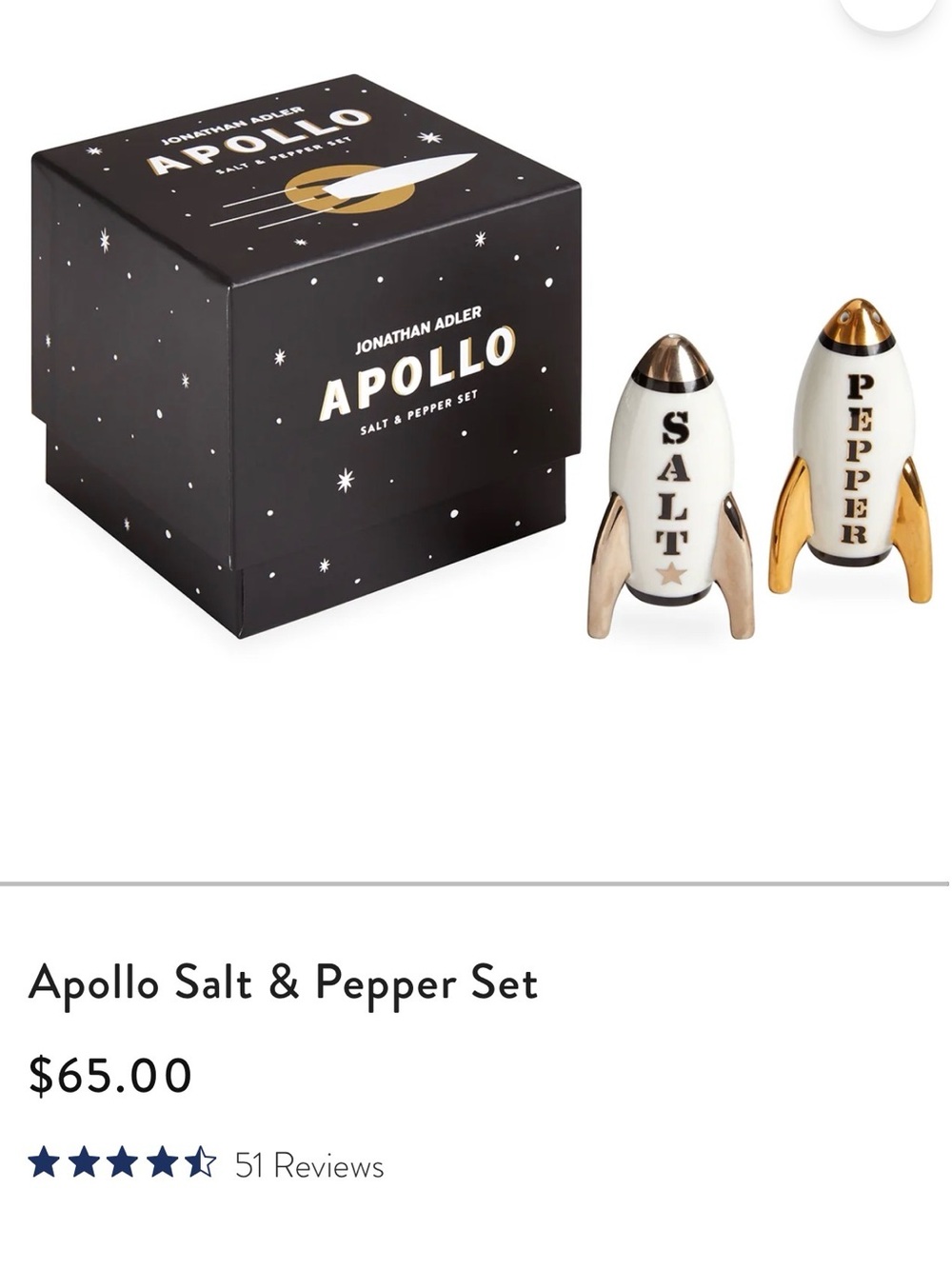 Jonathan Adler Rocket Salt & Pepper Set in White and Gold